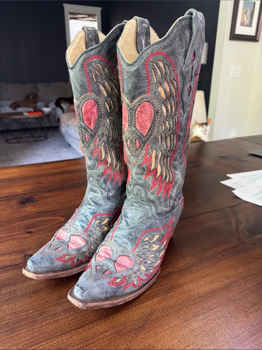 Women's Gray/blue distressed and Red Winged Heart Cowboy Boots